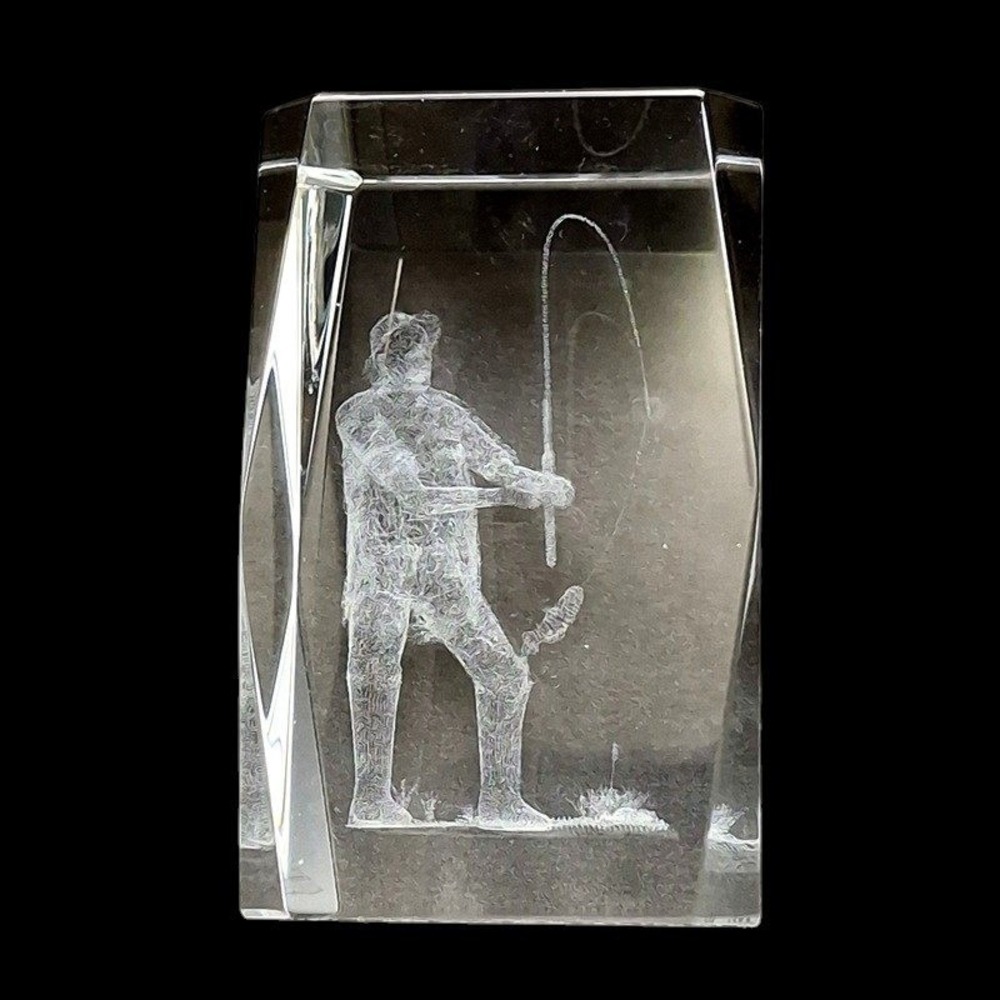 Clear Glass Paperweight 3D Laser Etched Prism Cut Fisherman Fly Fishing Gift